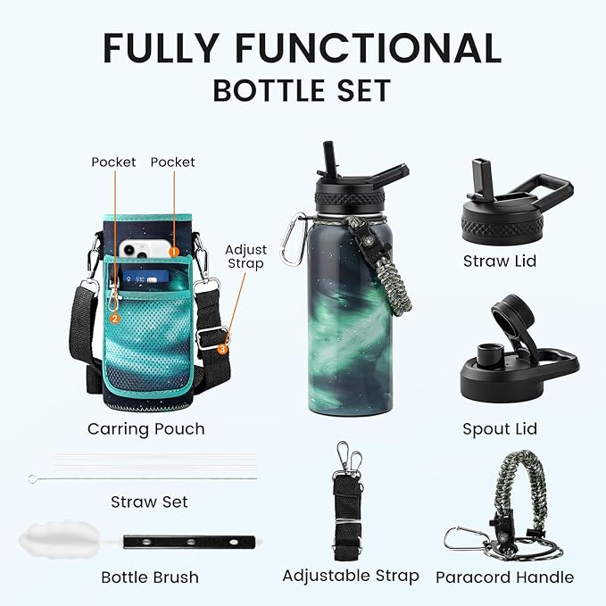 32oz Insulated Water Bottle, Triple Wall Vacuum Stainless Steel Water Bottles - Keeps Cold 48H, Reusable Metal water flask Jug for Gym, Sports, Camping, Hiking,Travel, Aurora-Green