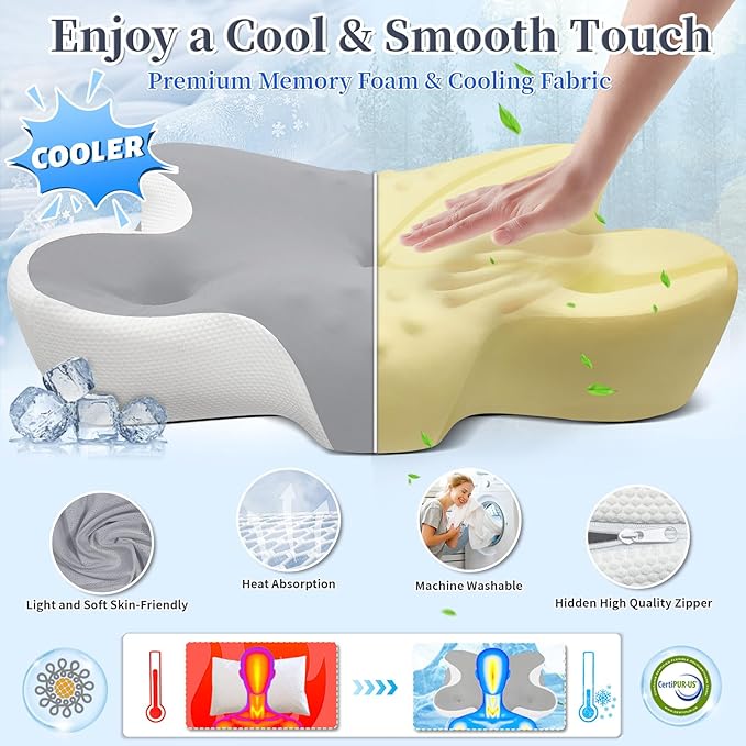 Cervical Neck Pillow, Side Sleeper Pillow for Adults, Neck Pillow for Neck and Shoulder, Orthopedic Contour Memory Foam Pillows for Side Back & Stomach Sleepers with Cooling Pillowcase