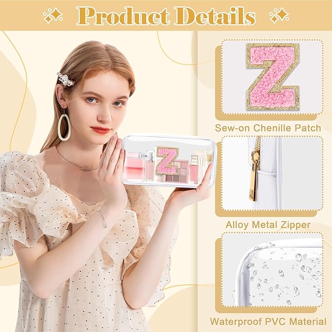 Personalized Initial Letter Clear Makeup Bag,Preppy Small Nylon&PVC Cosmetic Zipper Bag with Chenille Letter,Travel Skincare Toiletry Bag,Monogram Christmas Gift for Teen Girls Women,Z