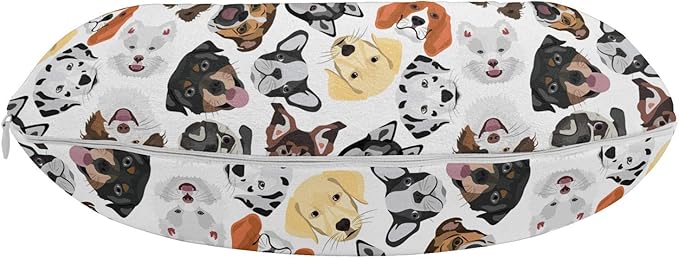 Ambesonne Dog Lover Travel Pillow Neck Rest, Illustrations of Types of Animal Pet Faces Patterns Creative Tongue Out Big Ears, Memory Foam Traveling Accessory for Airplane and Car, 12", Brown White