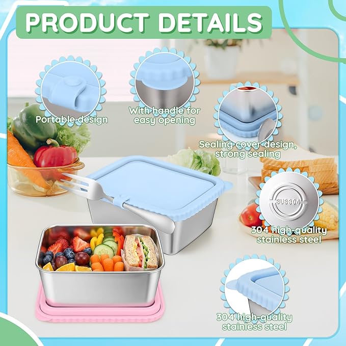 Acellegic Stainless Steel Snack Containers with Silicone Lids, 15 oz Reusable Food Storage Deli Containers for Meal, Leak Proof, Easy Open BPA Free Daycare and School(Blue, Pink,2 Pack)