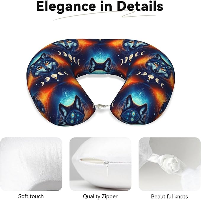 Unique Travel U Shaped Pillows Galaxy Wolf Night Sky Space Moon for Airplanes Car Flight, Comfortable Chin Head Neck Cushion Supporting, Polyester Removable Cover