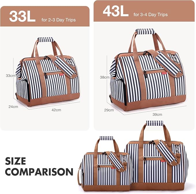 Lekesky Travel Duffel Bag for Woman, Weekender Carry on Bag with Shoe Compartment for Overnight, Extra Large Storage A-blue Stripe, 33L, Women (Striped, 33L)
