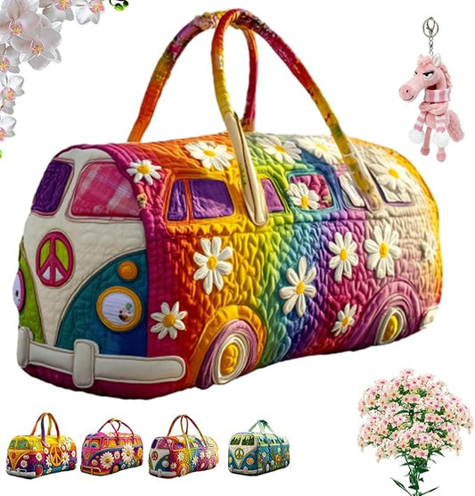 Hippie Van Quilted Duffle Bag, Boho Weekender Travel Overnight Luggage for Women Vintage Floral Gym Tote (style3, Large (18"x9"x9"))