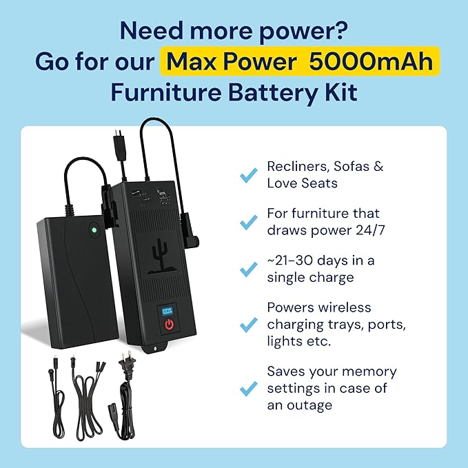 The Blue Cactus Company Battery Pack for Reclining Furniture - 2500mAh, 2-Pin Connector - LCD Display for Recliner Chair - Portable Power Supply - Cord-Free Floors