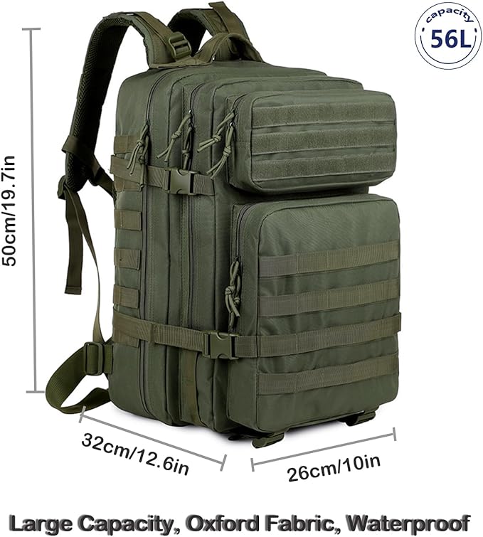 56L Tactical Backpack, Military Molle Backpack Army 3 Day, Waterproof Durable Hiking Rucksack for Men, 24H Outdoor Survival Bug Out Bag for Camping, Travel, Hunting, Army Green