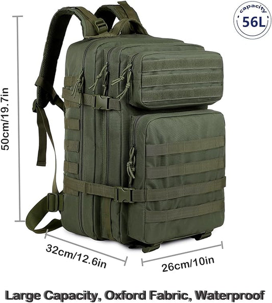 56L Tactical Backpack, Military Molle Backpack Army 3 Day, Waterproof Durable Hiking Rucksack for Men, 24H Outdoor Survival Bug Out Bag for Camping, Travel, Hunting, Army Green