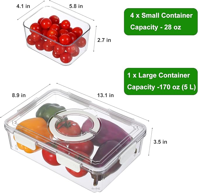 Taiuloo Divided Serving Tray with Airtight Lid and Handle, 4 Compartment Snackle Box Container, Portable Snack Platters, Clear Fridge Organizer & Food Storage for Veggie, Fruit, Charcuterie, Nuts