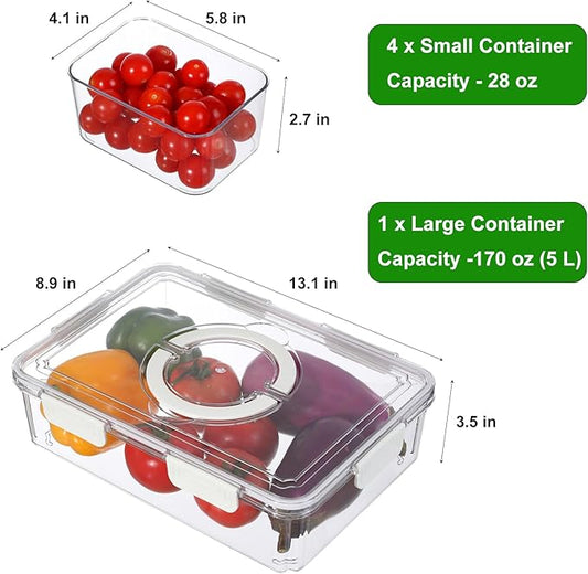 Taiuloo Divided Serving Tray with Airtight Lid and Handle, 4 Compartment Snackle Box Container, Portable Snack Platters, Clear Fridge Organizer & Food Storage for Veggie, Fruit, Charcuterie, Nuts