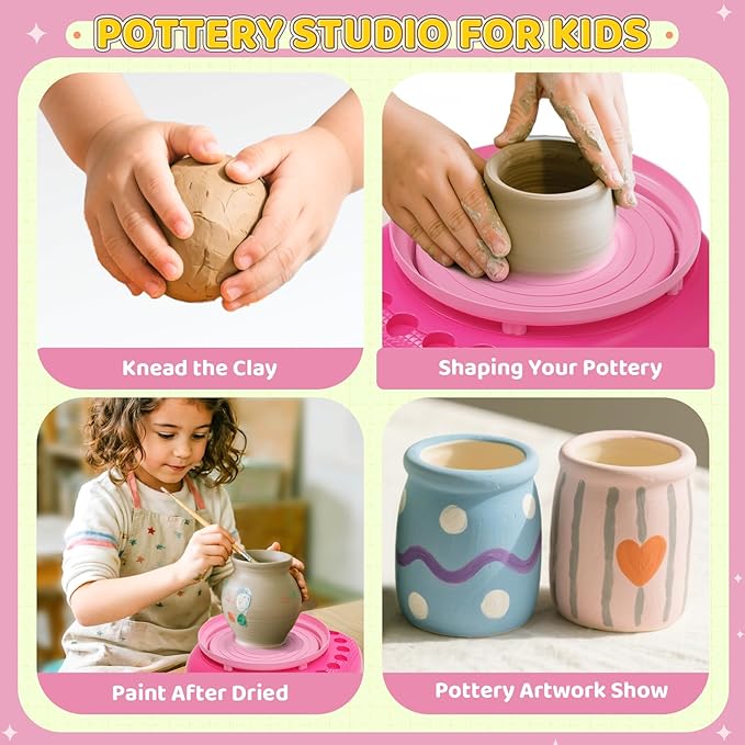 Weilim Pottery Wheel for Kids Complete DIY Pottery Painting Kit for Ages 8-12 Beginners with 4 Air-Dry Clay Packs and Tools, Arts Supplies Toys Birthday Gift for Boys Girls 6+ Years Old (Pink)