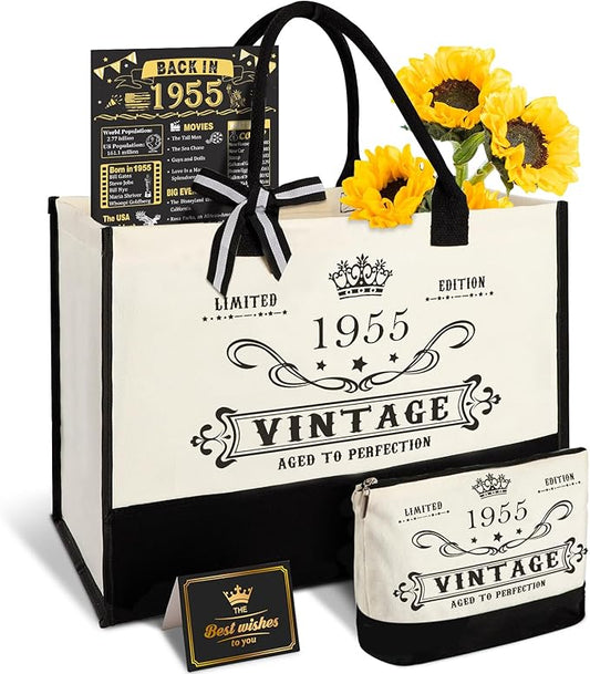 70th Birthday Gifts for Women Canvas Tote Bag Travel Gear, Unique 70 Years Old Gifts for Mom Aunt Friends Wife Sister Her, Vintage 1955 Handbag & Cosmetic Bag & Back in 1955 Poster