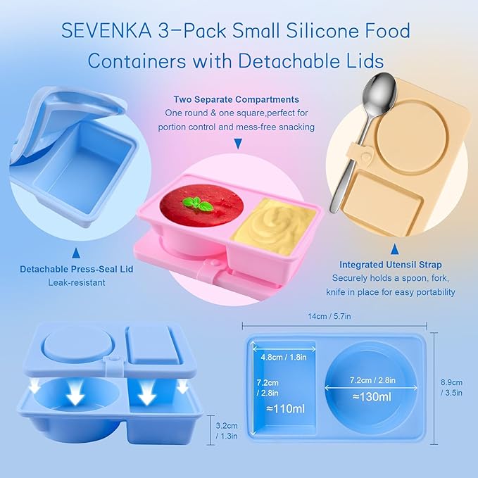 SEVENKA 3 Reuseable Silicone Snack Containers with Lids, Small Double Compartment Snackle Bento Box, Leakproof Sauce & Salad Dressing Containers for Travel, Office, Picnic, Dishwasher Safe
