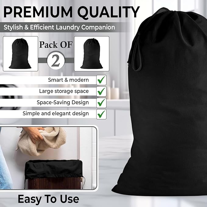 2 Pack - Extra Large Cotton Laundry Bag, Heavy Duty Large Laundry Bags 24 x 36 inch XL Drawstring Travel Organizer Bag Fit Hamper Basket Camp (Dark Grey, Pack of 2)