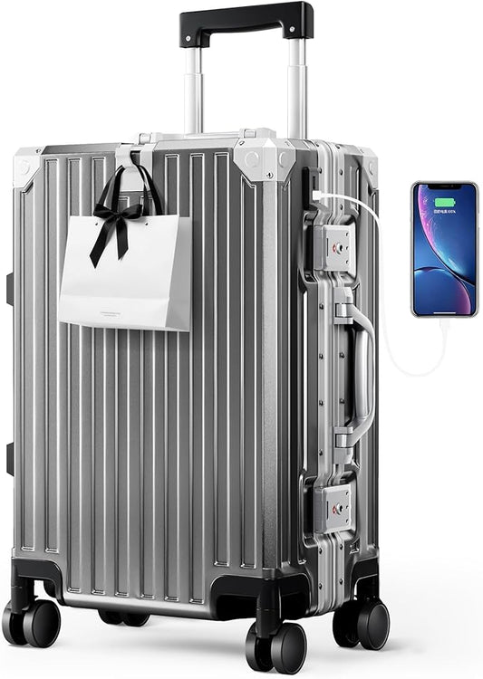 ALPHA CAMP Carry On 20 Inch Luggage, Dual Layer Aluminum Frame with TSA 22x14x9 Airline-Approved，3-Layer PC Hardside Zipperless Lightweight Suitcase，Type-C USB Charging Port, Cup Holder Grey