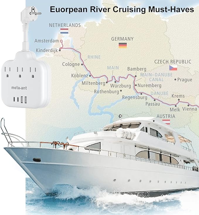 European Travel Plug Adapter 3 inch, International Plug Adapter, US to Europe Plug Adapter with 3 Outlets 4 USB Ports(2 USB C), Type E F Power Adapter to EU Germany Spain France Portugal Iceland