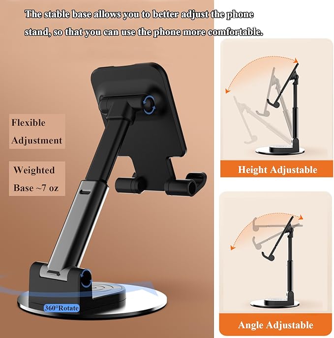 Rotatable Cell Phone Stand for Desk, Height Angle Adjustable Phone Holder Portable Phone Stand Compatible for Most Smartphones iPhone 14, Pro, Pro Max, 13 12 X XS