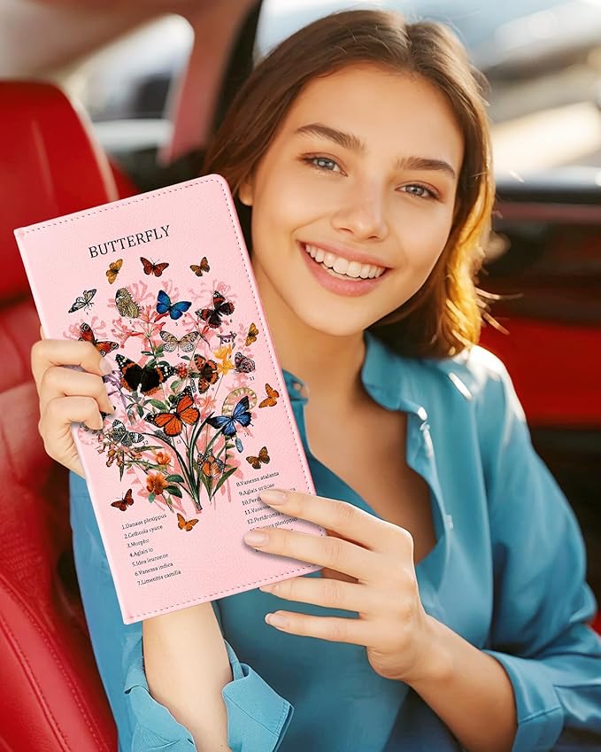 Slohif Car Registration and Insurance Card Holder with Magnetic Shut - Vehicle Glove Box Organizer Women Leather Automobile License Holders Coasters Auto Accessories Case for Document Butterfly