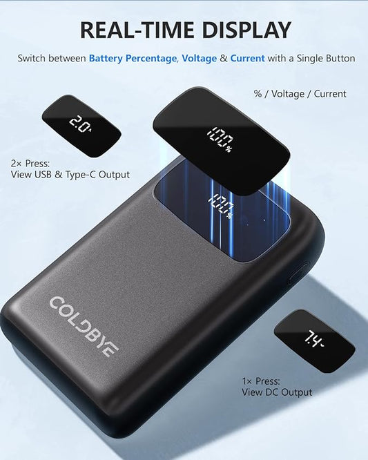 ColdBye Heated Vest Battery Pack 𝟕.𝟒𝐕 5𝐀 𝟐𝟎𝟎𝟎𝟎𝐦𝐀𝐡, Type-C and USB 5V Output, PD 30W Fast-Charging with 7.4V Tri-Size DC Built-in Ports (3.5 mm / 3.8 mm / 4.0 mm) for Heated Jacket