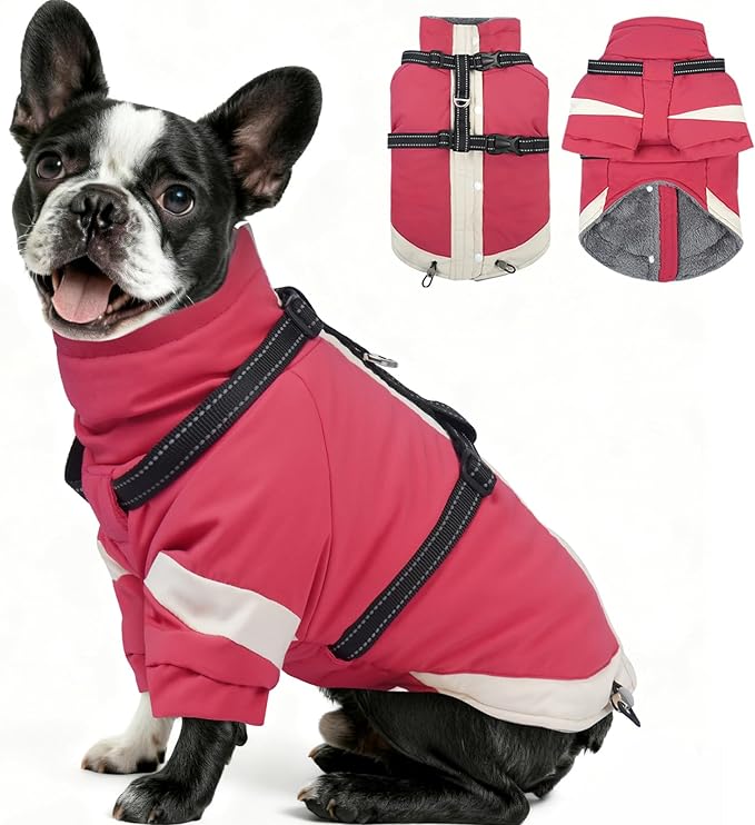 MIGOHI Ultra Thick Dog Jacket,Reflective Medium Dog Coat with Harness Built in,Warm Pet Winter Coat Zip Up Puffer Jacket with Furry Collar for Medium Dogs with Legs Outdoor Adventure,L,Pink
