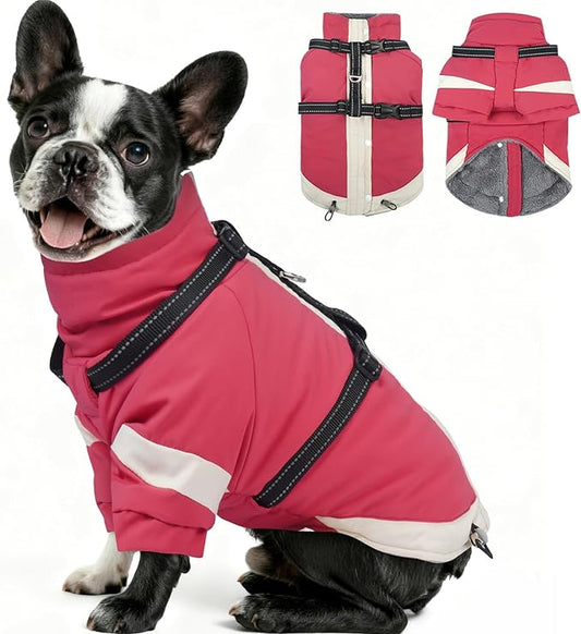 MIGOHI Ultra Thick Dog Jacket,Reflective Medium Dog Coat with Harness Built in,Warm Pet Winter Coat Zip Up Puffer Jacket with Furry Collar for Medium Dogs with Legs Outdoor Adventure,L,Pink