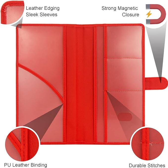 Car Registration and Insurance Holder, Leather Magnetic Shut Vehicle Glove Box Organizer for Document, Card, Driver License, Red