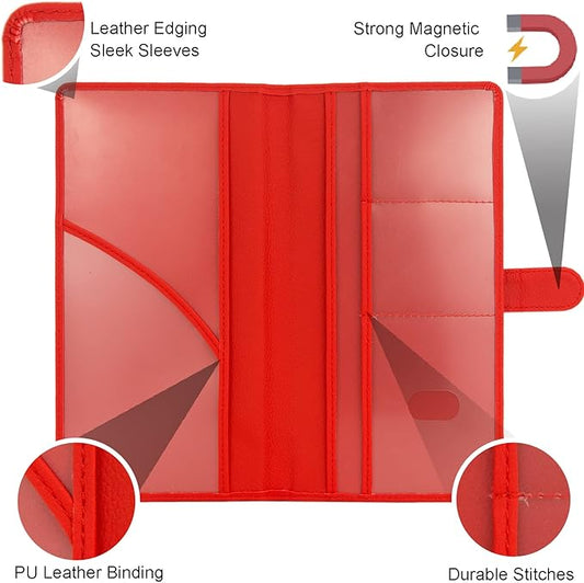 Car Registration and Insurance Holder, Leather Magnetic Shut Vehicle Glove Box Organizer for Document, Card, Driver License, Red