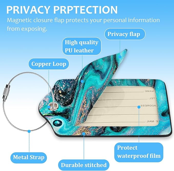 2 Pack Luggage Tag for Suitcase,Luxury Marble Luggage Tag with PU Leather Privacy Cover ID Label & Stainless Steel Loop for Women Men Travel Bag Suitcase