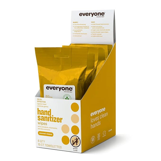 Everyone Hand Sanitizer Wipes, 15 Wipes (Pack of 6), Coconut and Lemon, Made with Sugarcane Derived Alcohol with Essential Oils, TSA friendly