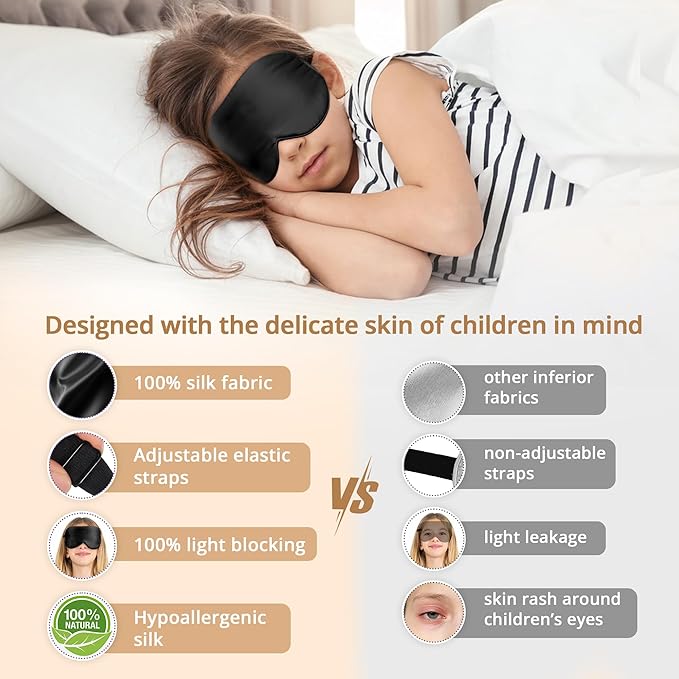 Kids Sleep Mask Eye Cover, 100% Real Natural Pure Silk Eye Mask with Adjustable Strap, Blindfold Kids Eye Mask for Sleeping, Eye Shade for Boys Girls and Adult, Pressure-Free Comfort (Black)