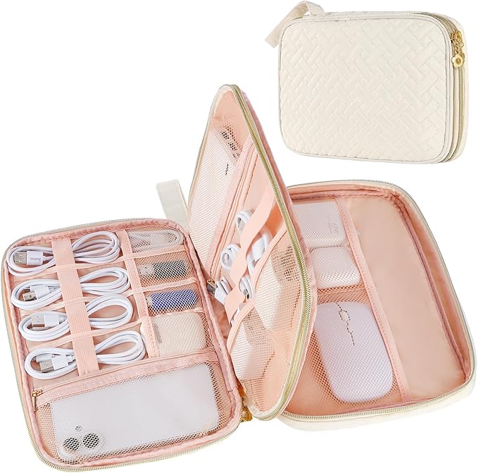 Electronics Organizer Travel Case, Charger Bag Cord Organizer Travel, All-in-One Cable Organizer Bag for Charger, Cords, Phone, Headphones, Flash Drive, SD Card (Beige, Large-Double Layer)