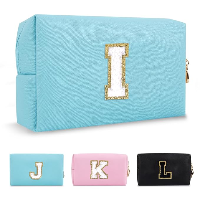 Small Personalized Initial A-Z Preppy Patch Makeup Bag,PU Chenille Letter Travel Cosmetic Pouch with Zipper,Blue Cute Toiletry Bag,Gift Ideal for Teen Girls Women Teacher Bridesmaid,Letter I