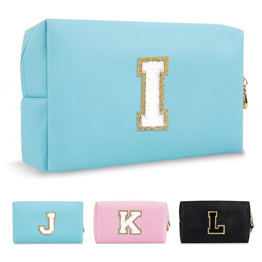 Small Personalized Initial A-Z Preppy Patch Makeup Bag,PU Chenille Letter Travel Cosmetic Pouch with Zipper,Blue Cute Toiletry Bag,Gift Ideal for Teen Girls Women Teacher Bridesmaid,Letter I