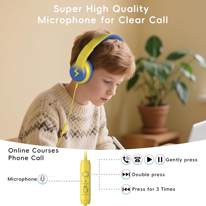 Kids Headphones, Wired Headphones for Kids Over Ear with Microphone, 85/94dB Volume Limiter Headphone for Girls Boys, Foldable Headphone for Learning & Entertainment, Light Yellow