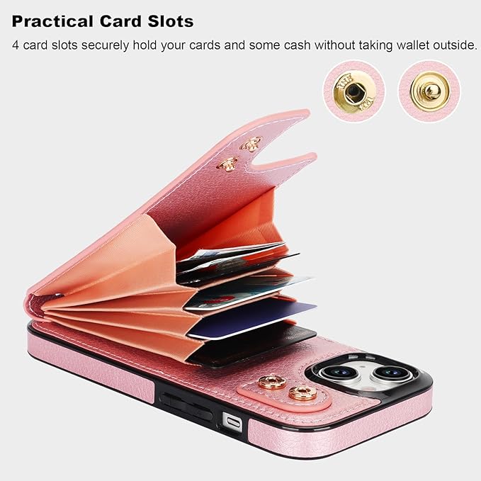 Folosu Compatible with iPhone 15 Case Wallet with Card Holder, 360°Rotation Finger Ring Holder Kickstand, RFID Blocking Leather Protective Double Buttons Shockproof Cover 6.1 Inch Rose Gold