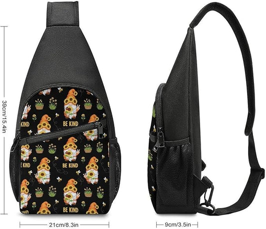 SWEET TANG Cool Sling Backpack for Men Women, Multipurpose Crossbody Shoulder Bag Be Kind Sunflower Gnome, Travel Hiking Zippered Daypack, Adjustable and Breathable