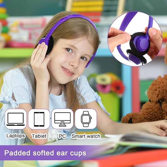 Yunsailing 30 Pack Bulk Headphones Set Over Ear Headphones with Adjustable Headband 3.5mm Plug Headsets Earphones for Learning Program, Computer Lab, Library, Testing & Multimedia Use (Purple)
