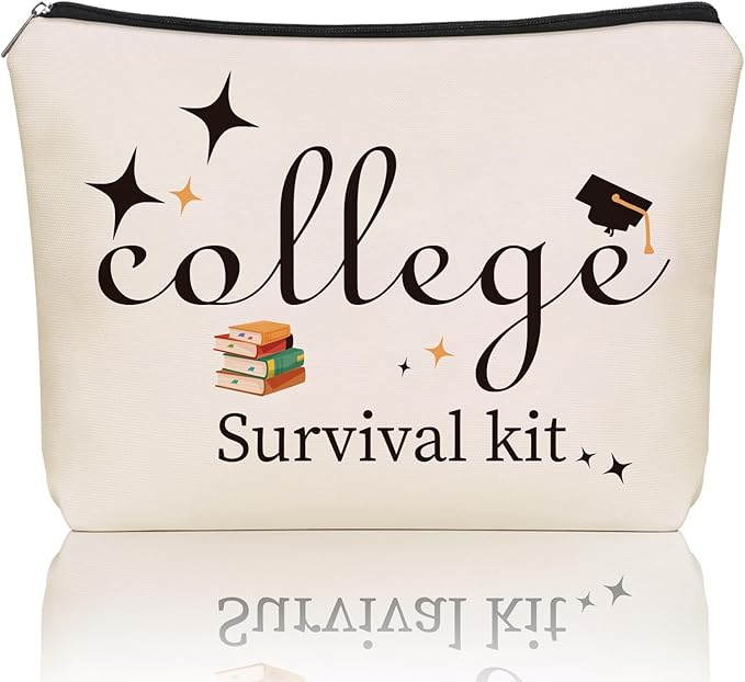 College Survival Kit Makeup Bag - Water-Resistant Cosmetic & Toiletry Organizer Pouch, Cute Graduation Gift for Girls, Teens, Daughters, Niece (Dorm, Travel, Daily Essentials)