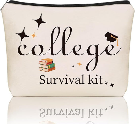 College Survival Kit Makeup Bag - Water-Resistant Cosmetic & Toiletry Organizer Pouch, Cute Graduation Gift for Girls, Teens, Daughters, Niece (Dorm, Travel, Daily Essentials)