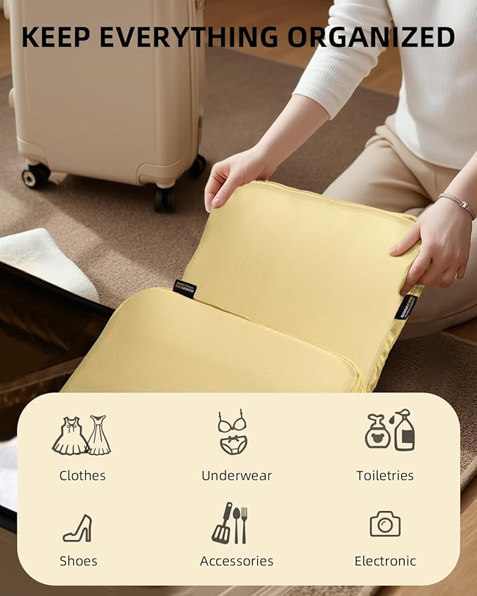 6 Set Compression Packing Cubes for Travel, Large Medium Small Luggage Organizers, Storage Bags for Clothes (6 Pack, Bright Yellow)