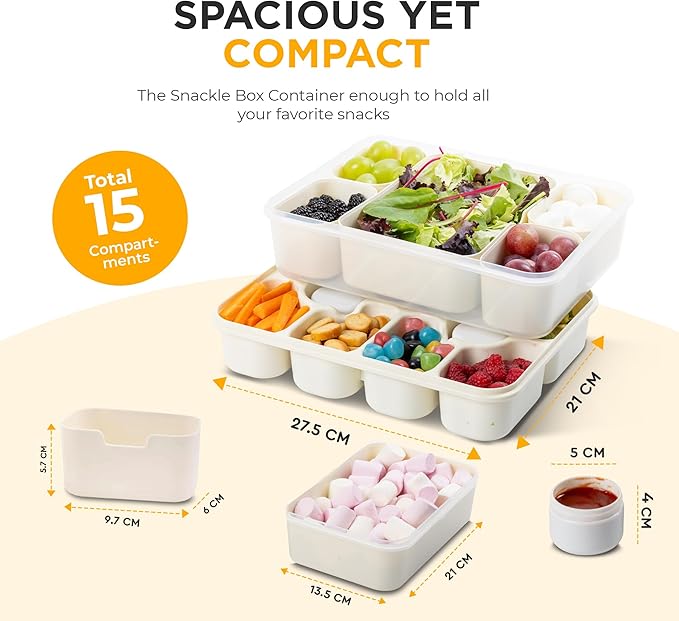 Snackle Box Container - Divided Serving Tray with Lid & Handle - Portable Multi-Compartment (10 & 5) Snack Organizer for Travel, veggies, Nut, fruit, Picnic & party - Dishwasher &Microwave safe