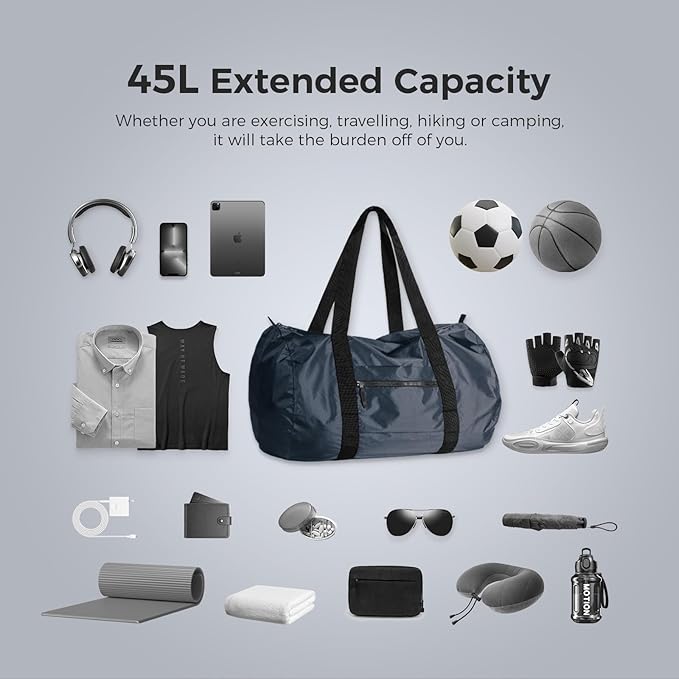 pack all 45L Foldable Duffel Bag, Water-Resistant Sports Gym Bag, Portable Weekender Bag Lightweight for Travel, Fitness and Camping (Navy Blue)
