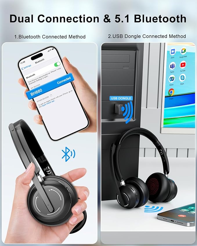 Blue Air Wireless Headphones with Microphone, Bluetooth Headset with Noise Cancelling Mic & USB Dongle & Mic Mute, 40H Playtime, Powerful Sound, for Work Meetings Calls Computer Laptop PC Phone
