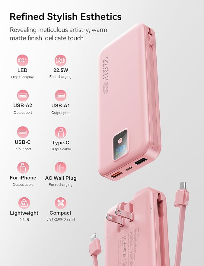 Portable Charger, 12000mAh 22.5W Fast Charging Power Bank with Built-in Cables & Wall Plug, Travel Essential Battery Pack with LED Display, USB C Battery Phone Charger for iPhone, iPad, Samsung Pink