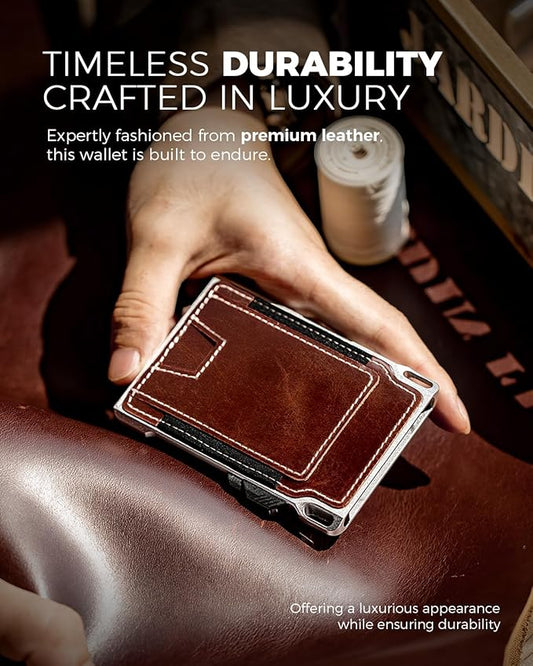 LORZOR Slim Tactical Wallet for Men- Minimalist Full Grain Leather Wallet for 12 Cards, RFID Blocking Aluminum Cardholder, Smart Pop Up Card Case, Front Pocket, Money Clip, Gift for Men(VintageBrown)