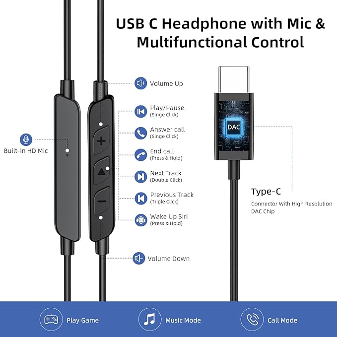 USB C Headphones Over Ear Buds for Samsung S25 FE S24 Ultra,Hifi Deep Bass Stereo In-Ear Noise Isolation Wired Earbuds,Type C Earphones with Ear Hook for iPhone 17 Pro 16 15,USB-C Headset for iPad A16