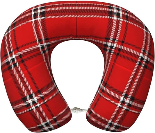 Neck Travel Pillow, Breathable Memory Foam Chin & Head Support Cushion Red Tartan Plaid Pattern for Airplane Car Sleeping Rest