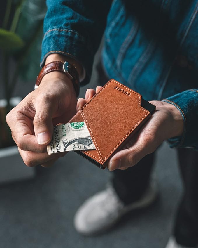 VULKIT Pop up Card Wallet RFID Blocking Slim Aluminum Metal Bank Card Holder Case with Business Money Pocket for Credit Cards Notes and Coins (Brown)