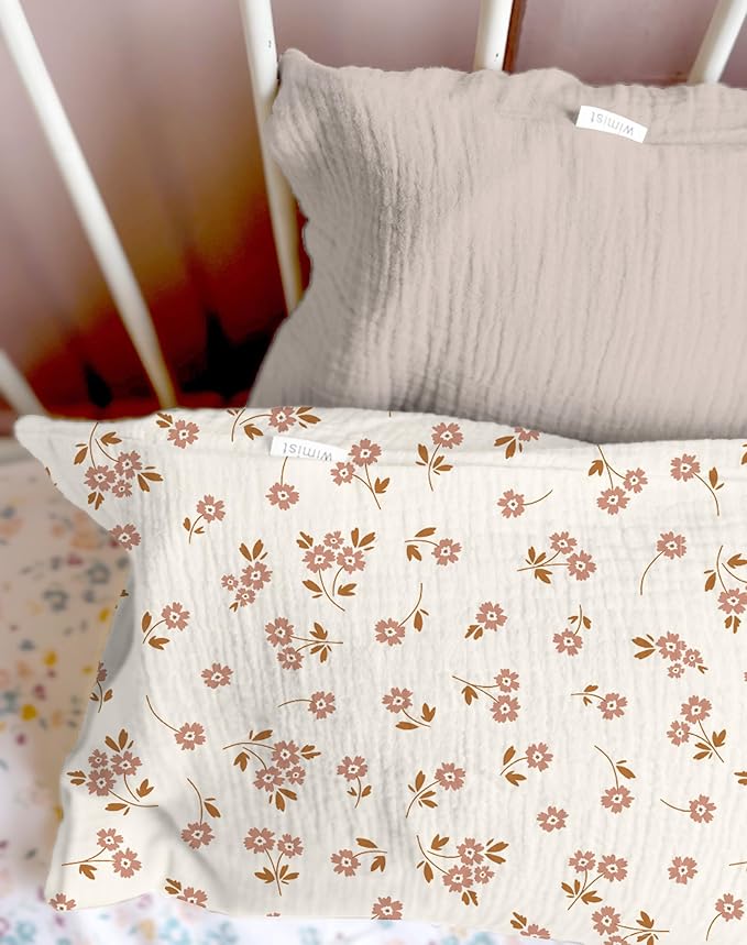 Toddler Pillowcases for 13"x18" Pillow 2 Pack, Muslin Small Toddler Baby Kids Travel Pillow Covers for Boys Girls with Envelope Closure (Flower E & Pink, 13 x 18 Inch)