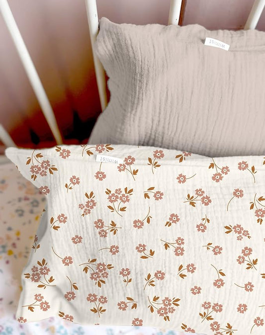 Toddler Pillowcases for 13"x18" Pillow 2 Pack, Muslin Small Toddler Baby Kids Travel Pillow Covers for Boys Girls with Envelope Closure (Flower E & Pink, 13 x 18 Inch)