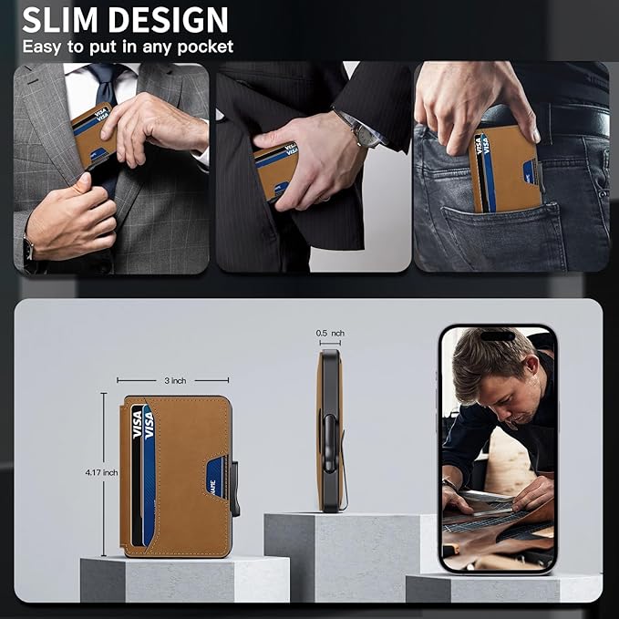 Wallet for Men, Mens Wallet Minimalist Slim Wallet, RFID Blocking Smart Pop Up Wallet with Money Clip & ID Window, Metal Compact Wallet, Aluminum Credit Card Holder Wallet